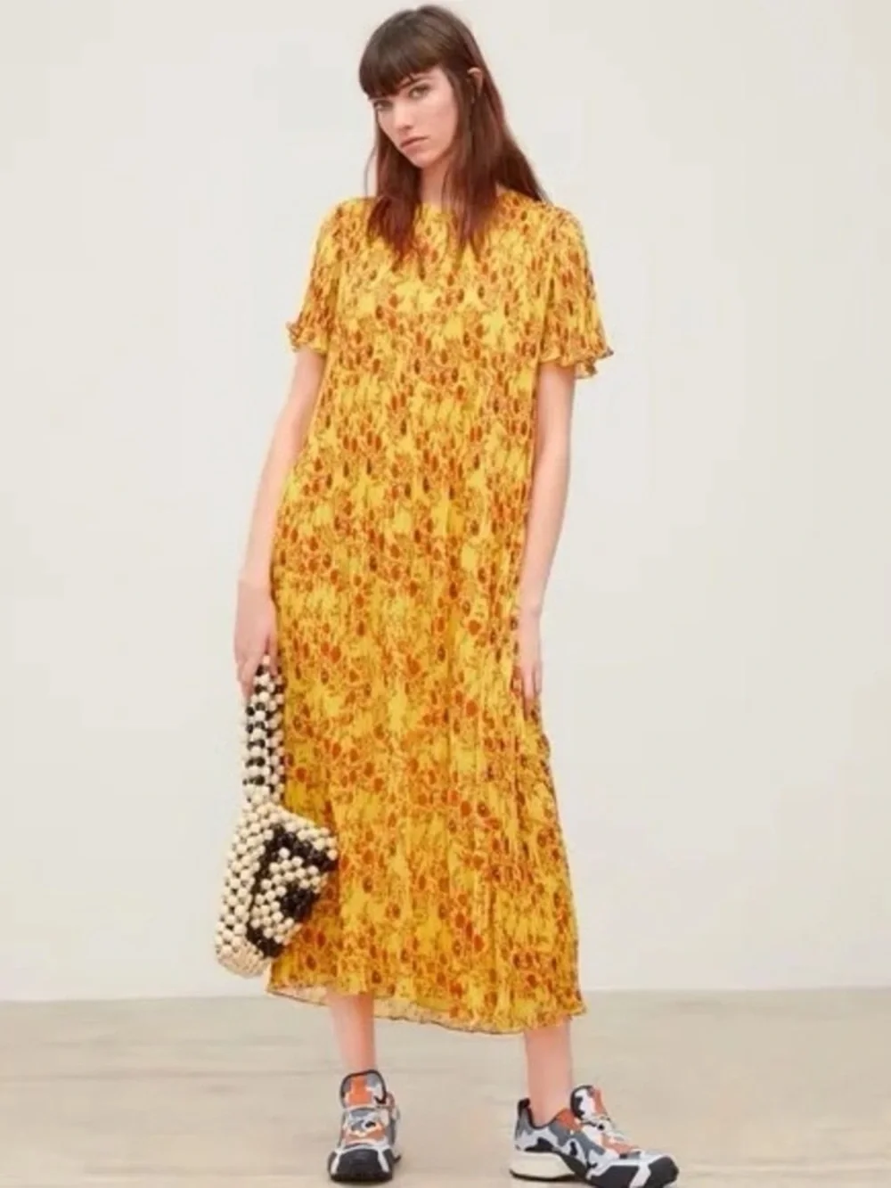 zara yellow floral midi dress NWT ZARA Midi Floral Print Dress Yellow White Size XS